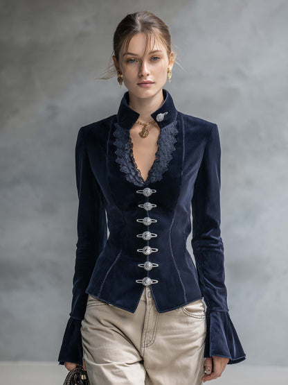 Victorian Navy Corduroy Jacket Women Lace Trim V-Neck Fitted Fall Blazer