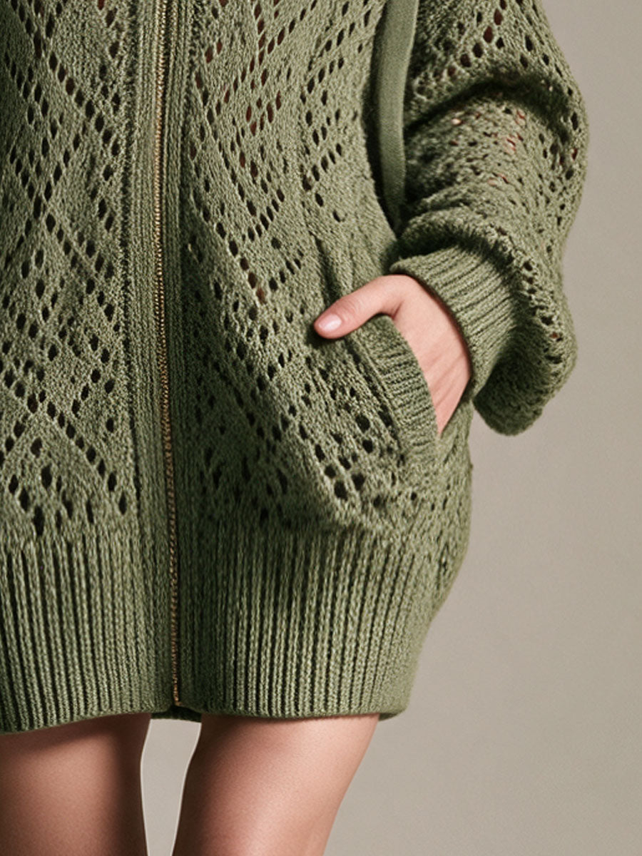 Retro Casual Green Hooded Zip-up Knit Mini Dress