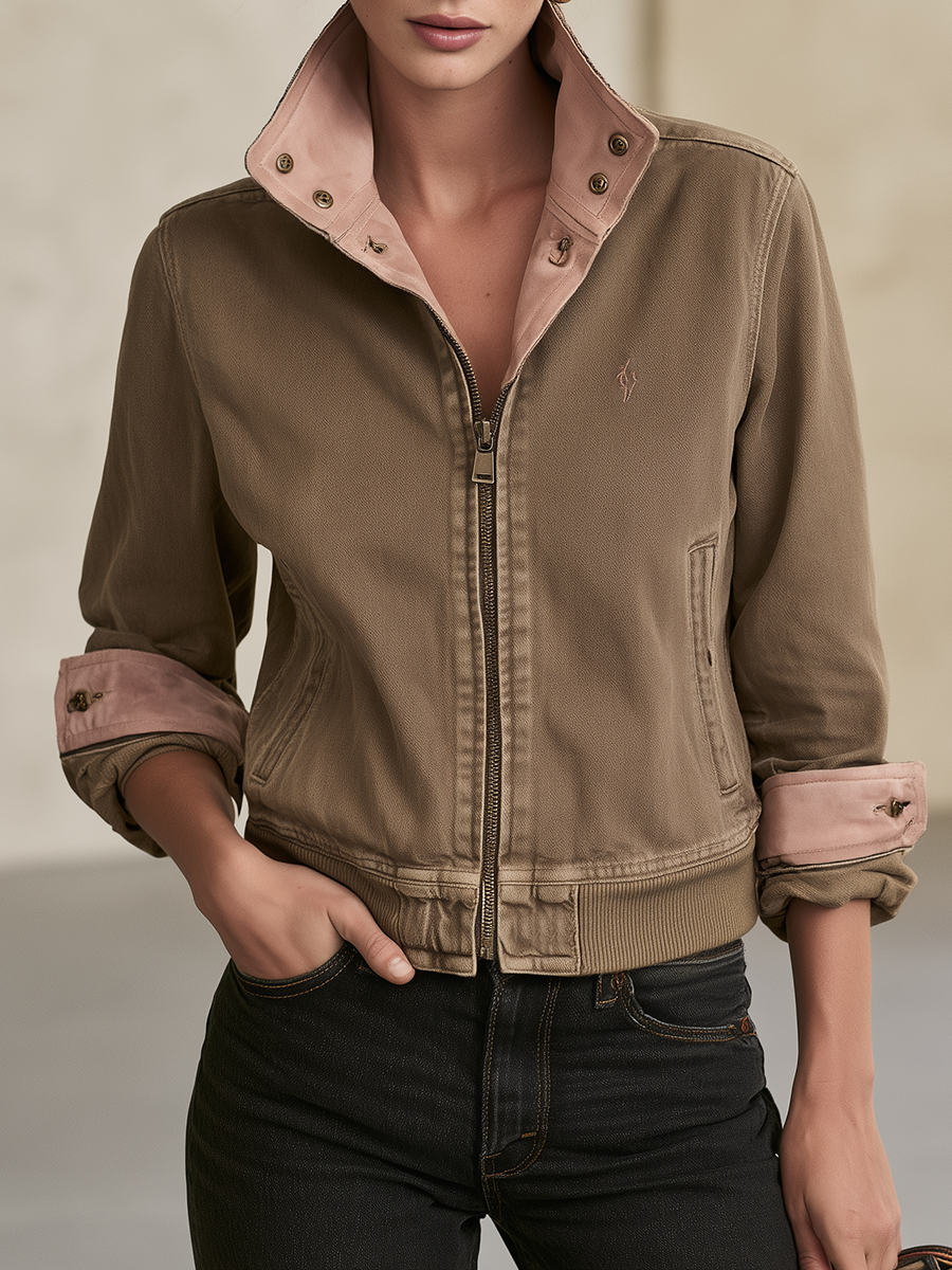 Brown Washed Bomber Jacket With Pink Contrast Collar