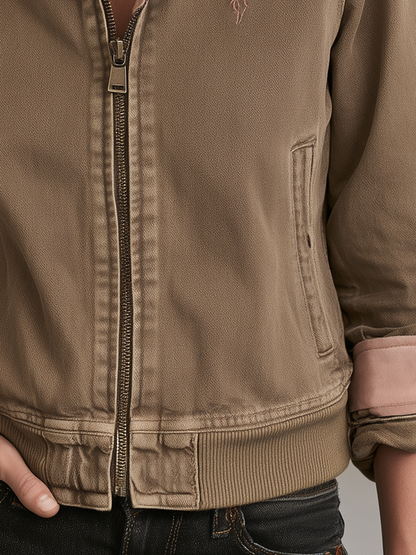 Brown Washed Bomber Jacket With Pink Contrast Collar