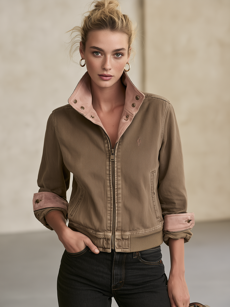 Brown Washed Bomber Jacket With Pink Contrast Collar