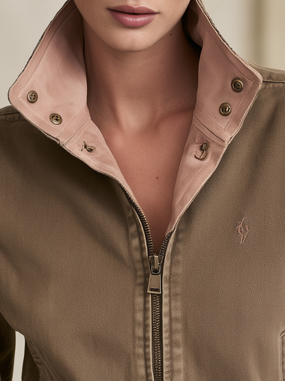 Brown Washed Bomber Jacket With Pink Contrast Collar