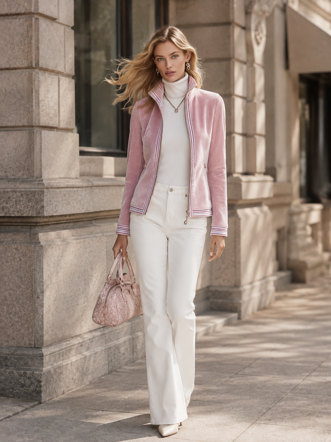 Elegant Striped Trim Pink Stand-collar Zip-front Velvet Jacket