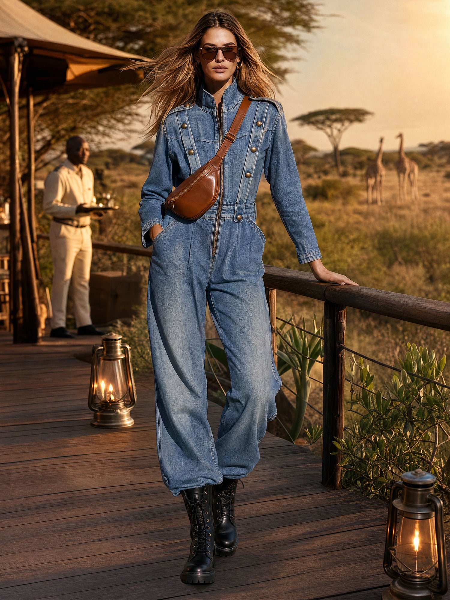 Vintage Washed Denim Blue Military Officer-style Bronze Button-down Collar Jumpsuit