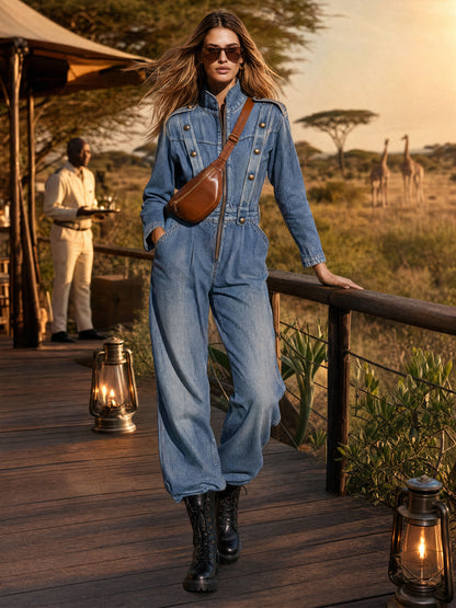 Vintage Washed Denim Blue Military Officer-style Bronze Button-down Collar Jumpsuit