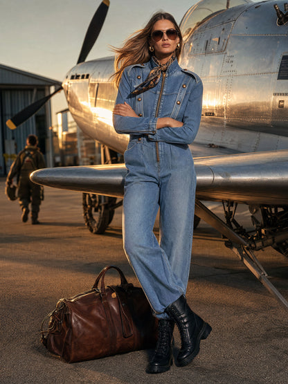 Vintage Washed Denim Blue Military Officer-style Bronze Button-down Collar Jumpsuit