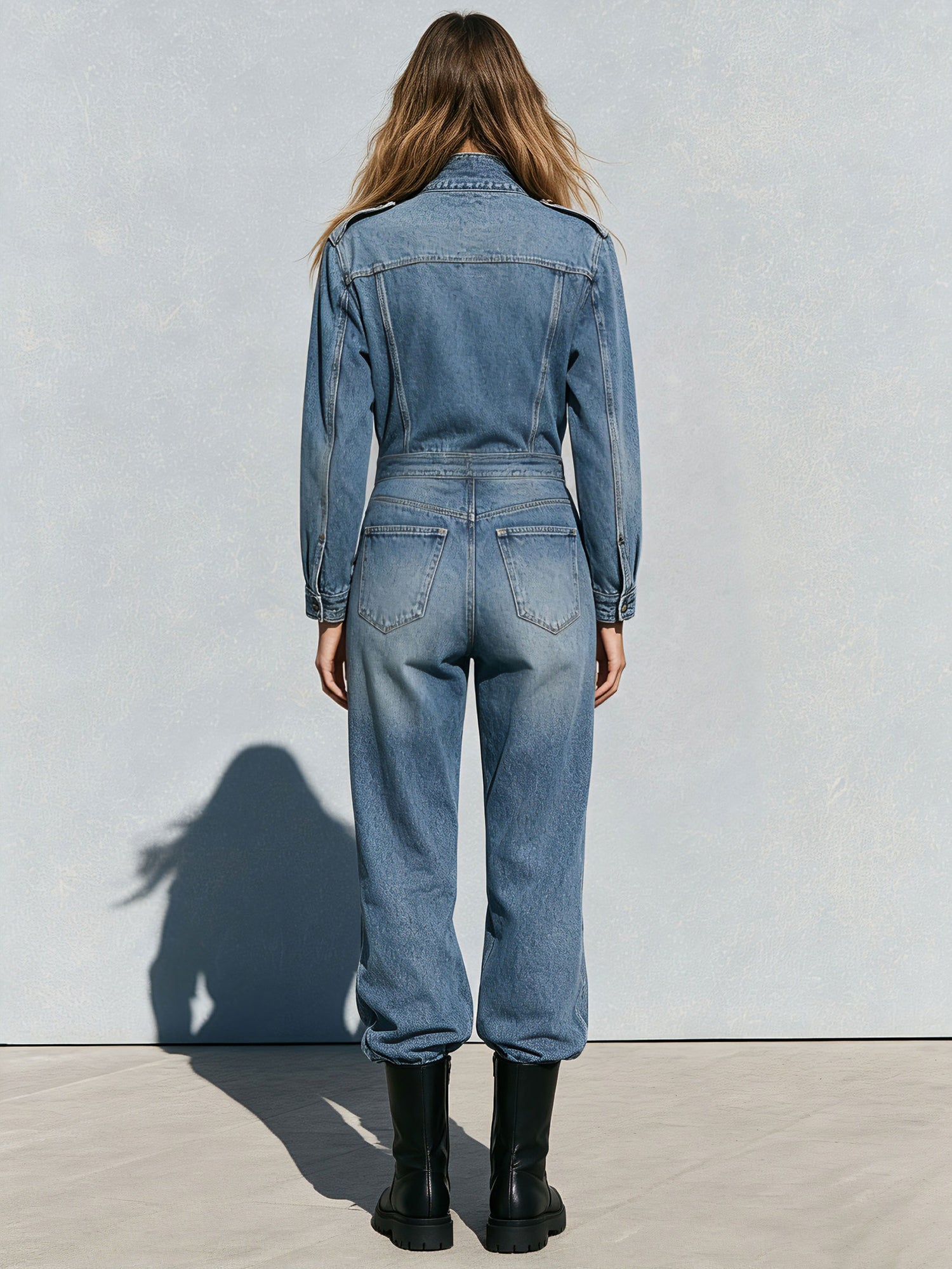 Vintage Washed Denim Blue Military Officer-style Bronze Button-down Collar Jumpsuit