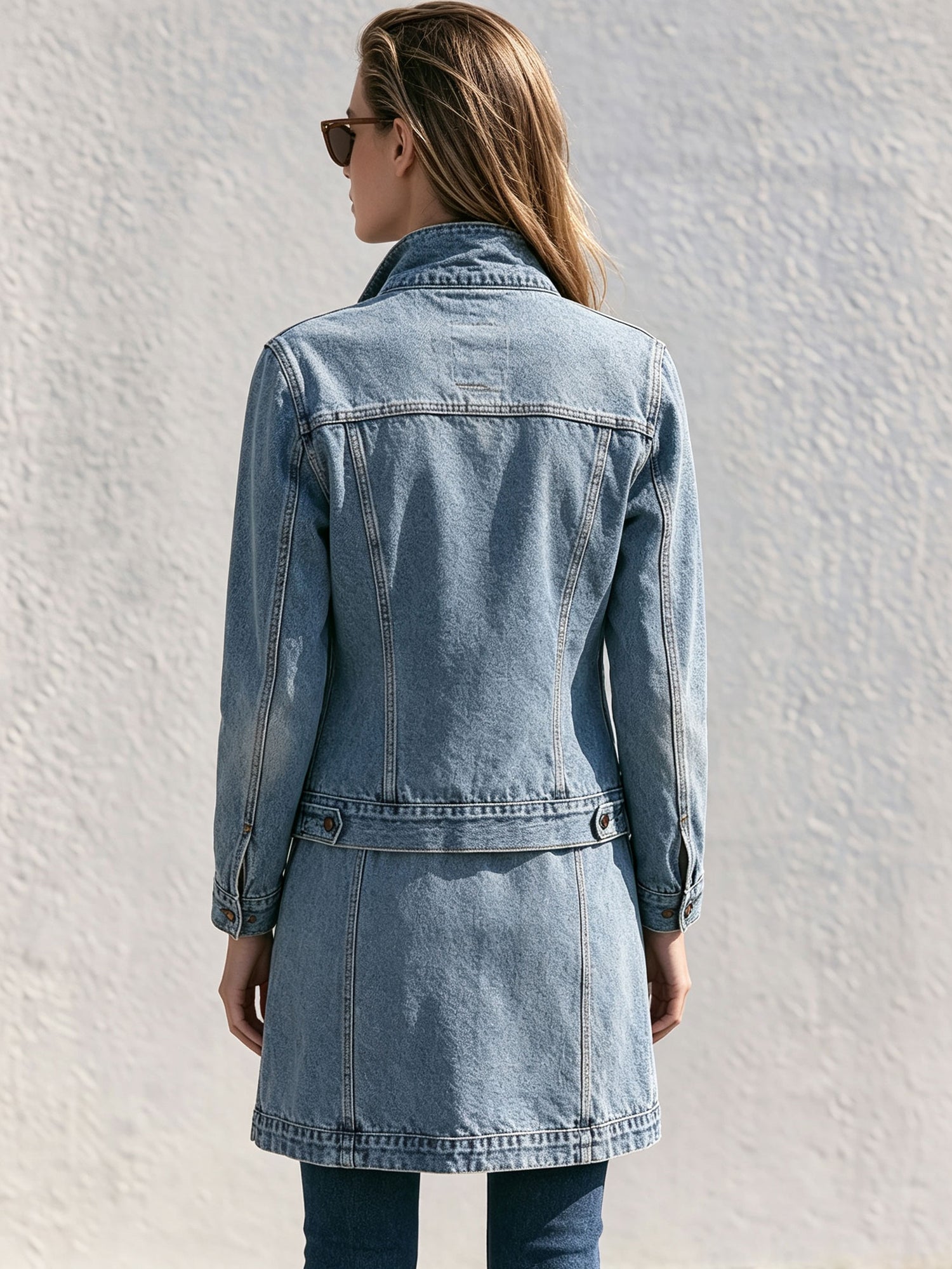Retro Stand-up Collar Zipper Washed Denim Blue Faux Two-piece Coat
