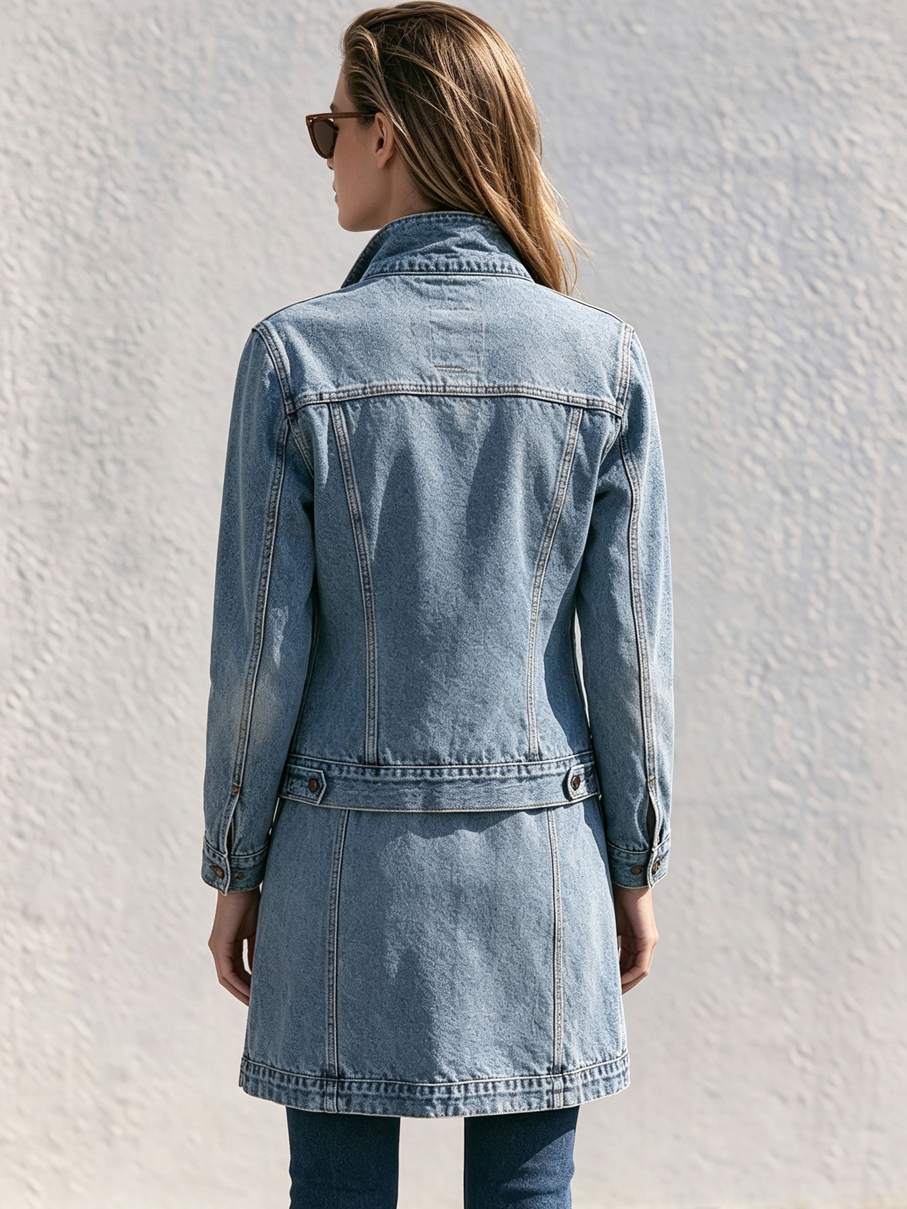 Retro Stand-up Collar Zipper Washed Denim Blue Faux Two-piece Coat