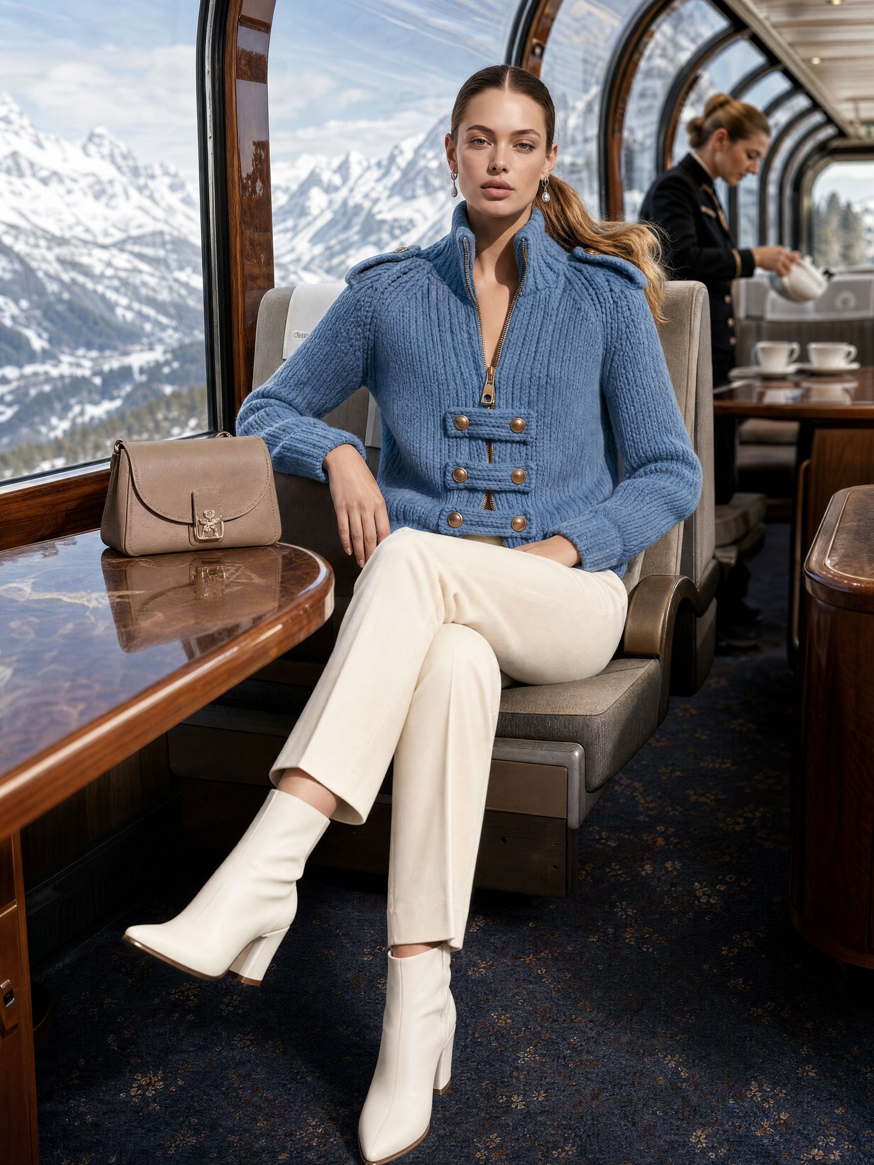 Exquisite Retro Stand-up Collar Zip-up Button Blue Knit Officer Jacket