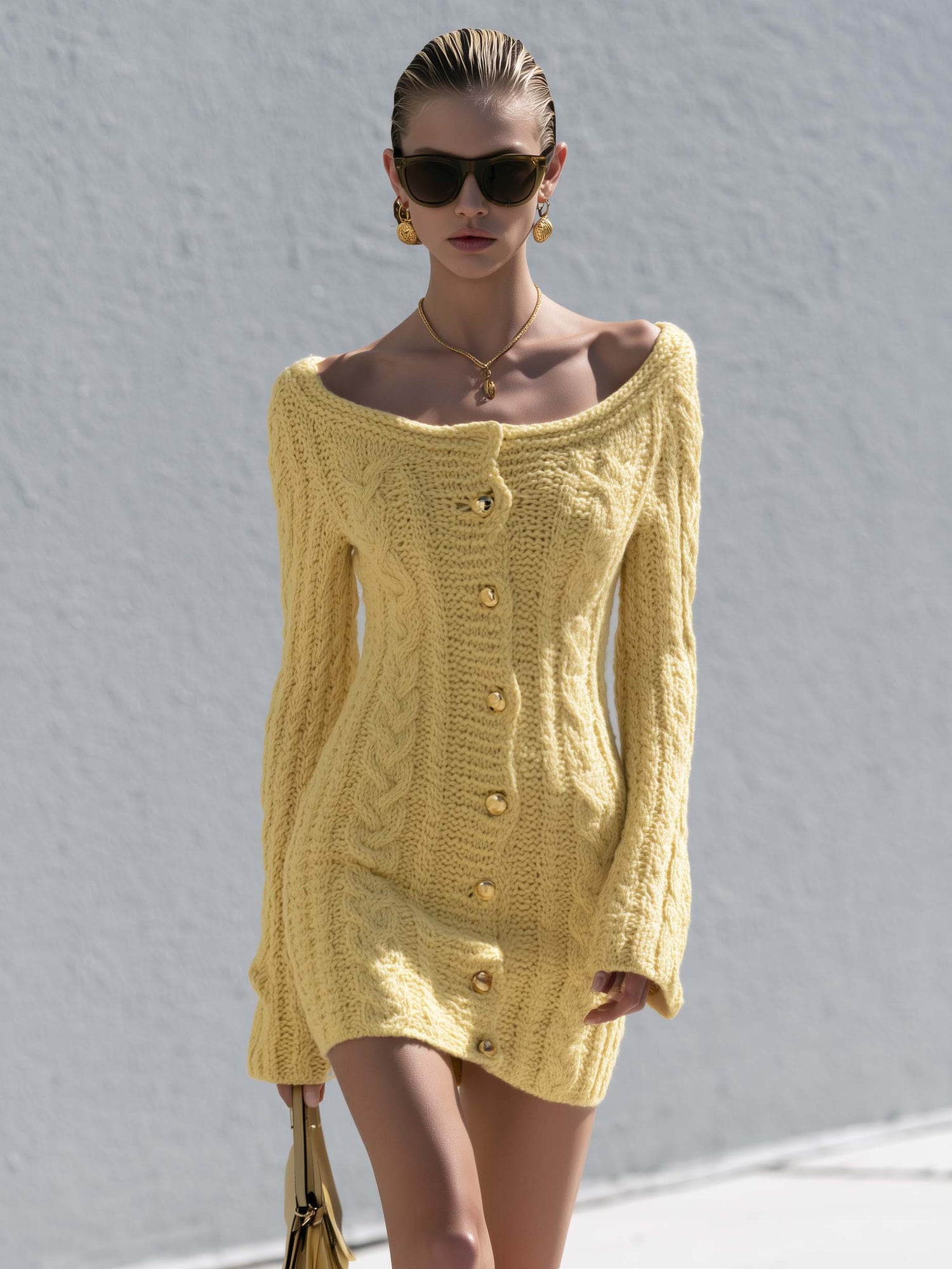 Chic Butter Yellow Boat Neck Cable Knit Button Front Sweater Mini Dress