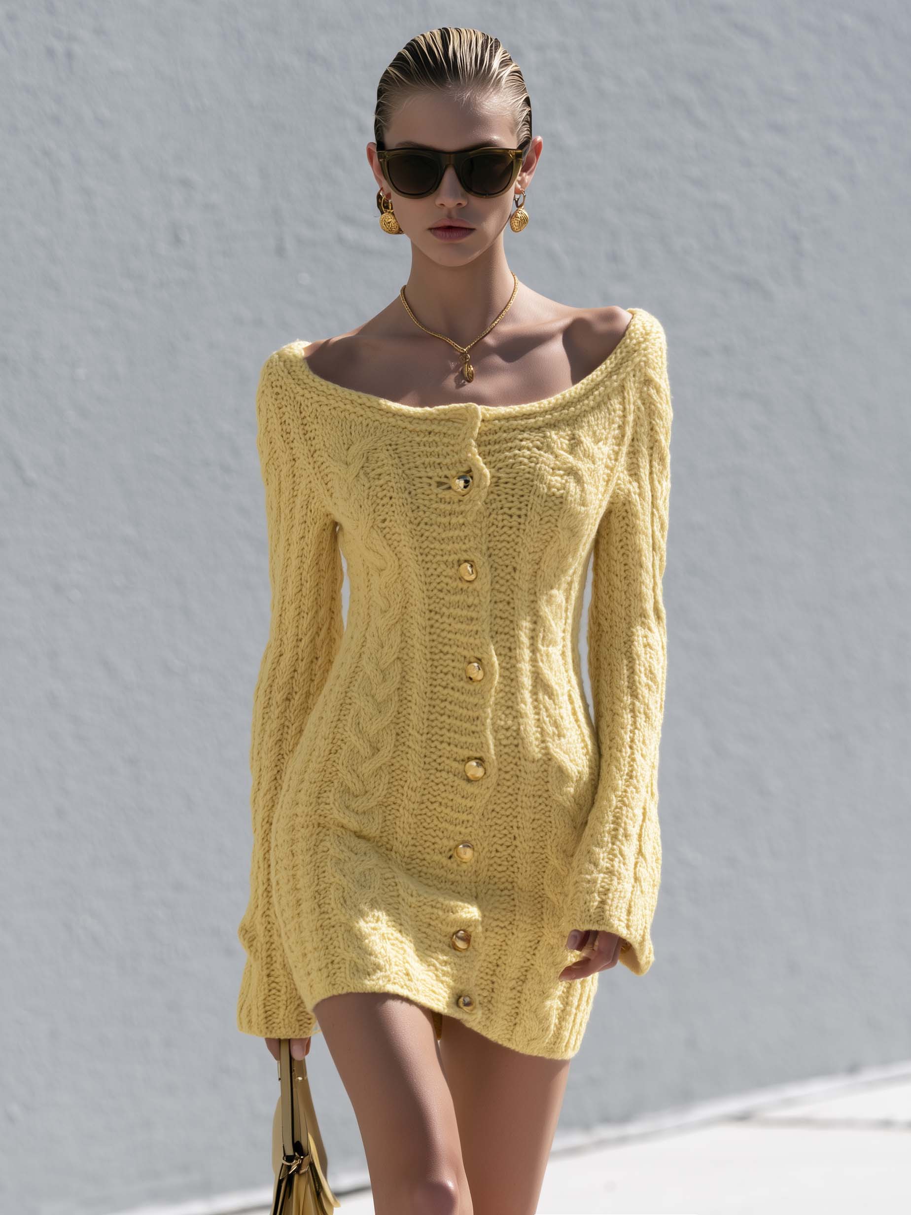 Chic Butter Yellow Boat Neck Cable Knit Button Front Sweater Mini Dress
