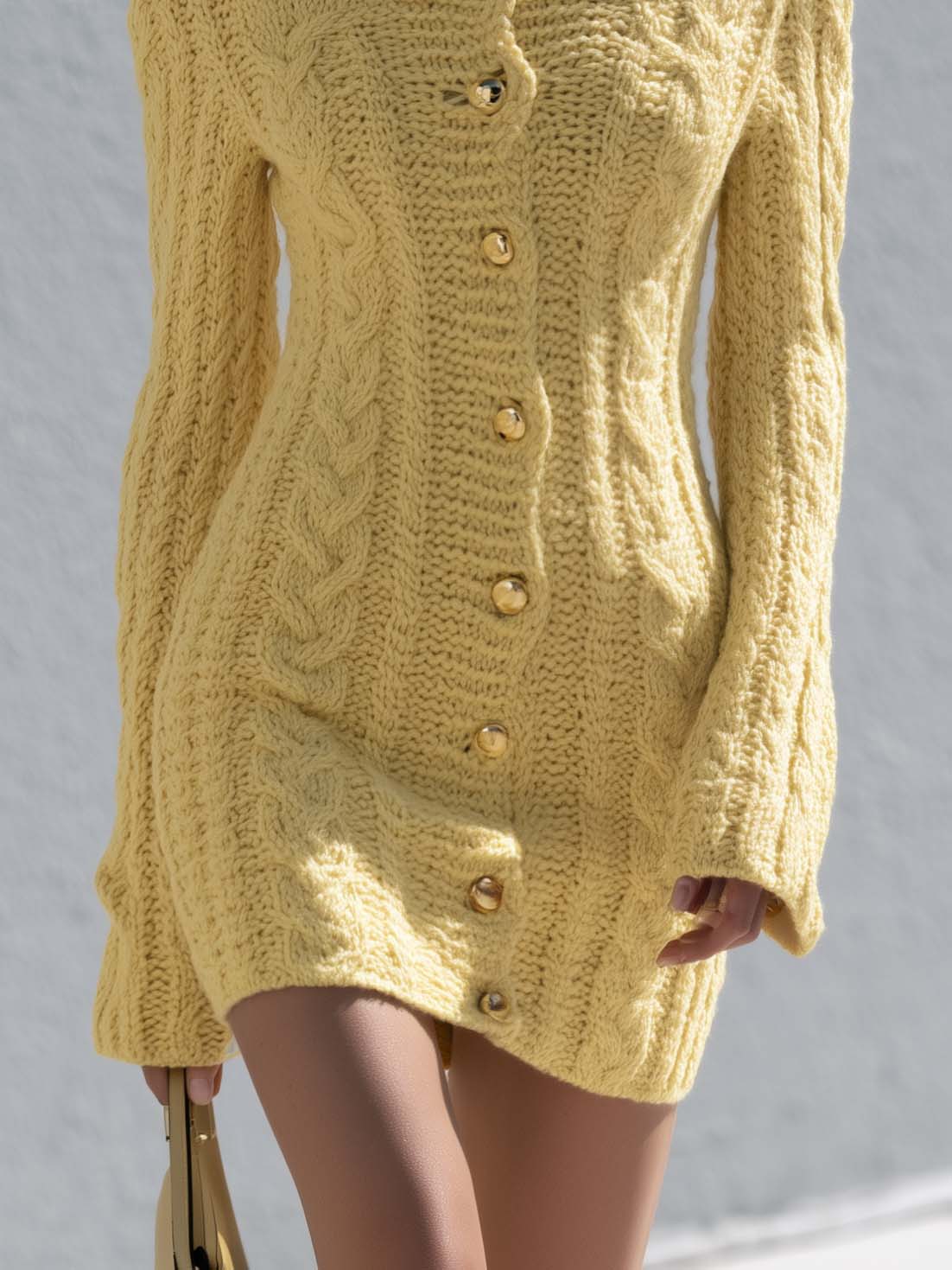 Chic Butter Yellow Boat Neck Cable Knit Button Front Sweater Mini Dress