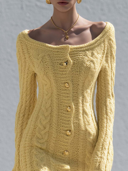 Chic Butter Yellow Boat Neck Cable Knit Button Front Sweater Mini Dress