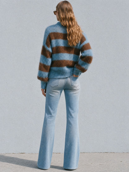 Warm Retro Stand-up Collar Blue-brown Striped Long-haired Knit Cardigan