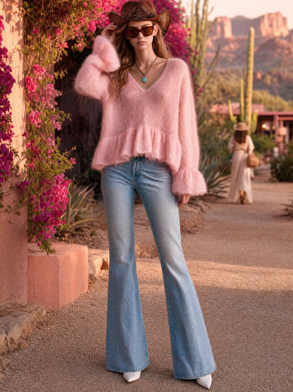 Warm And Elegant V-neck Ruffled Pink Long-haired Knit Pullover