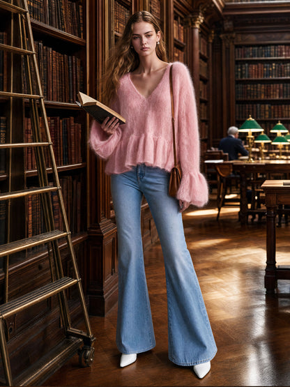 Warm And Elegant V-neck Ruffled Pink Long-haired Knit Pullover