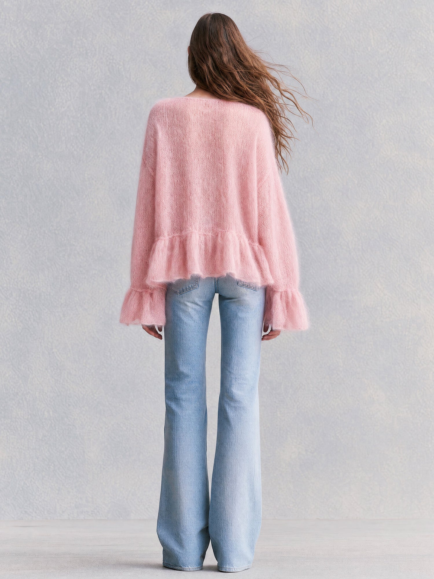 Warm And Elegant V-neck Ruffled Pink Long-haired Knit Pullover