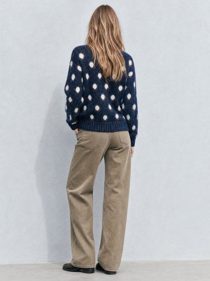 Casual And Warm Round Neck Polka Dot Navy Blue Long-haired Knit Pullover