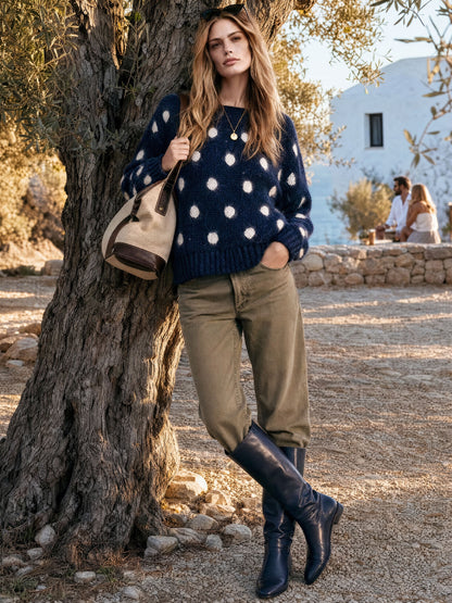 Casual And Warm Round Neck Polka Dot Navy Blue Long-haired Knit Pullover