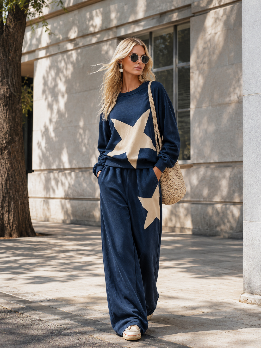 Stylish Casual Star-Print Blue Sweatshirt And Wide-Leg Pants Cotton Set