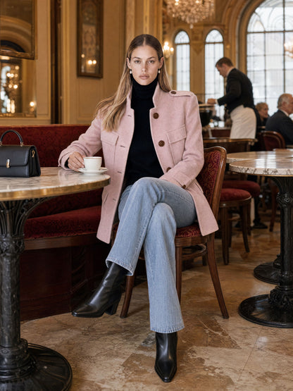 Casual And Simple Stand-up Collar Pink Multi-pocket Workwear Coat