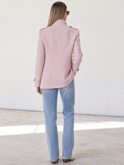 Casual And Simple Stand-up Collar Pink Multi-pocket Workwear Coat