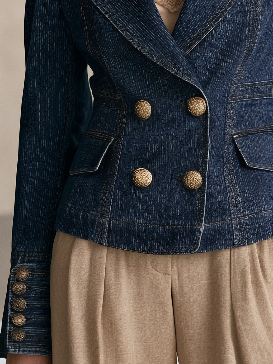 Women’s Dark Wash Denim Blazer With Gold Buttons