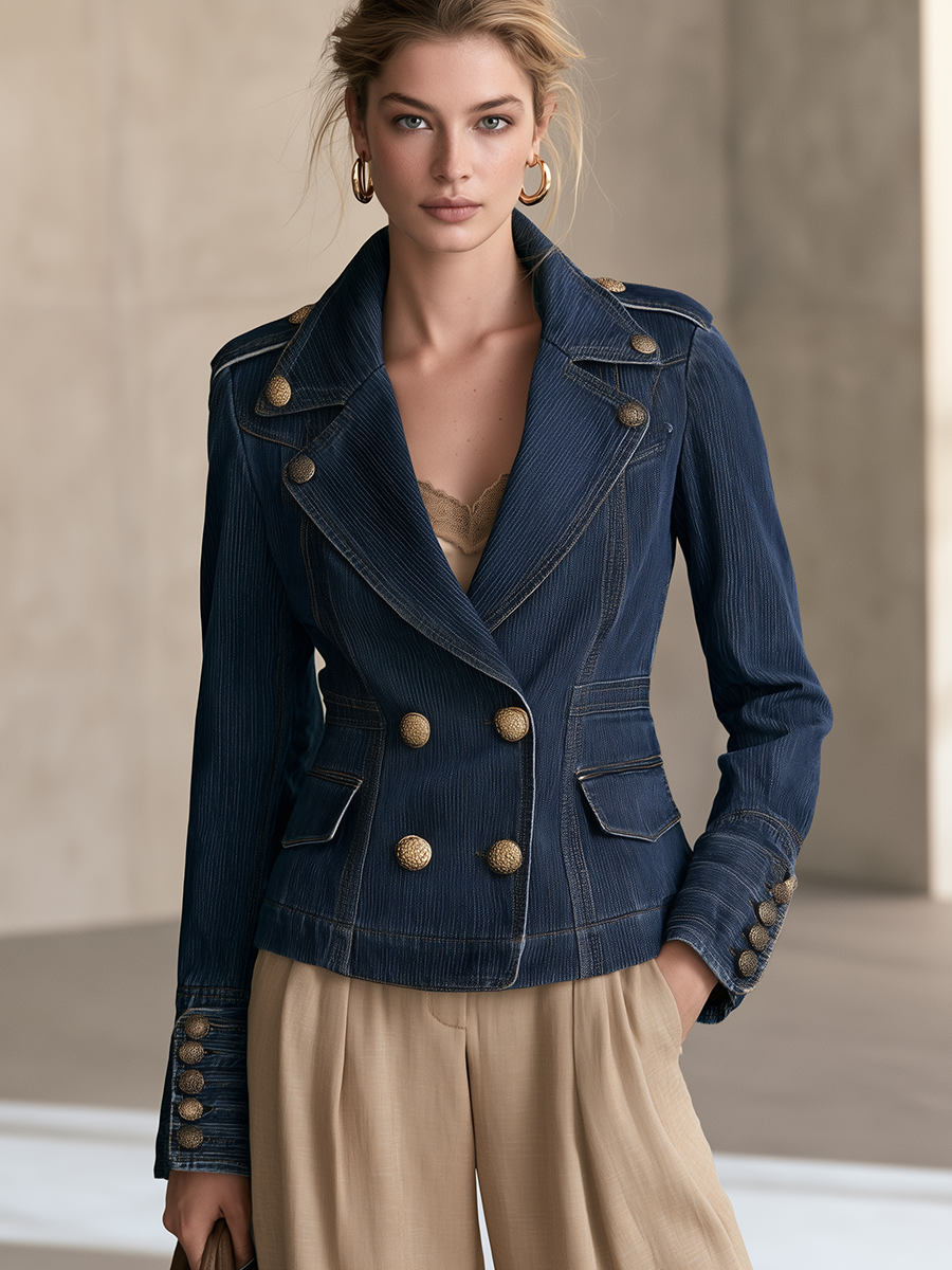 Women’s Dark Wash Denim Blazer With Gold Buttons