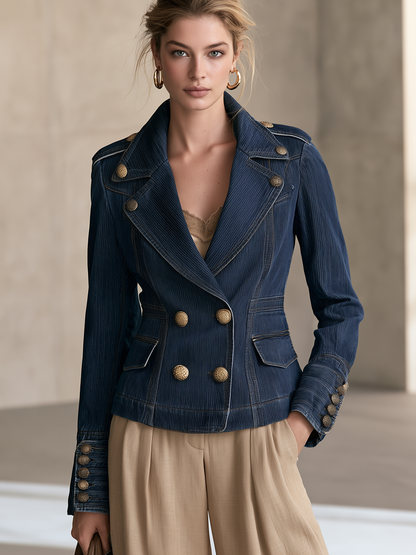 Women’s Dark Wash Denim Blazer With Gold Buttons