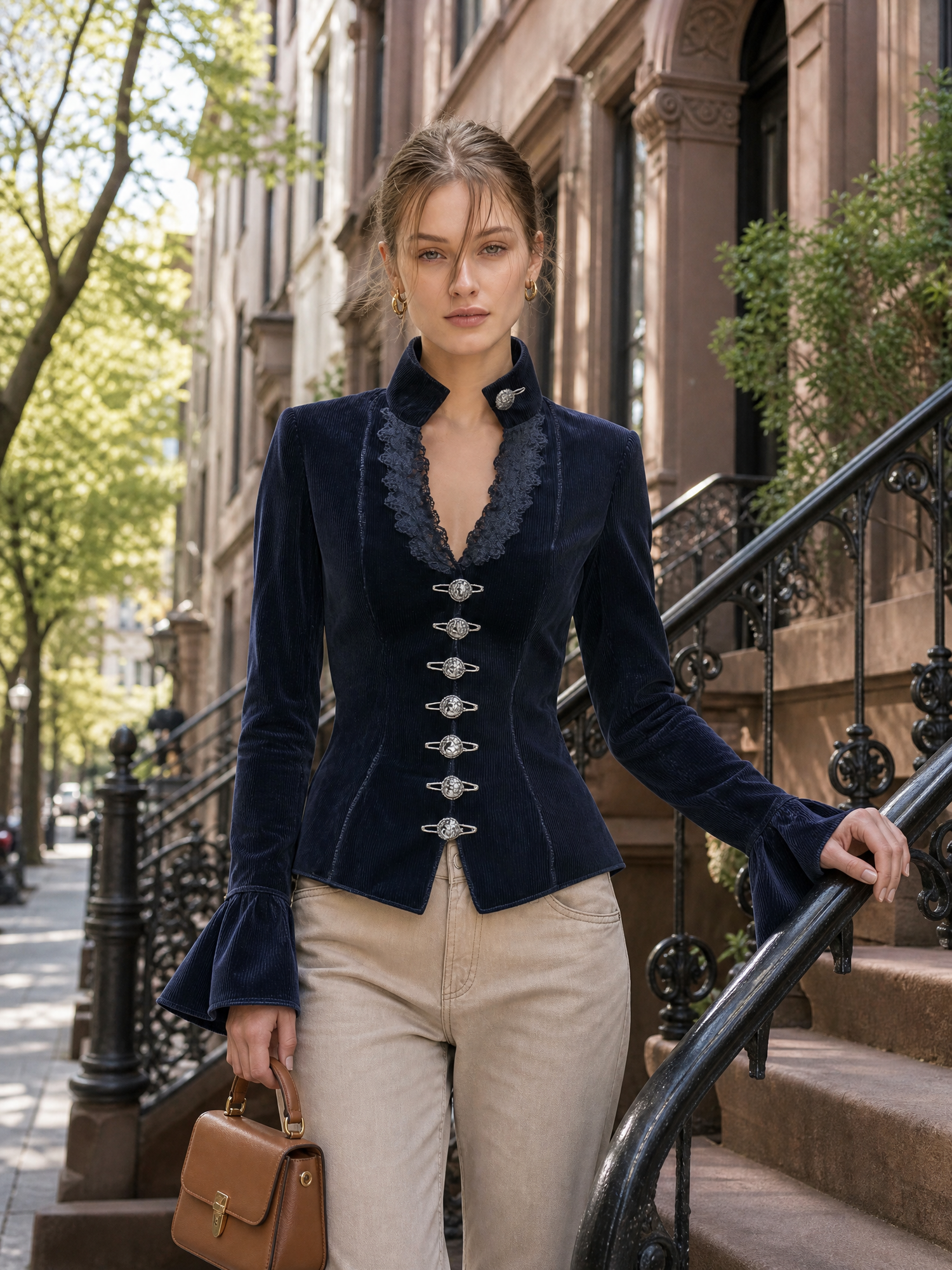 Victorian Navy Corduroy Jacket Women Lace Trim V-Neck Fitted Fall Blazer