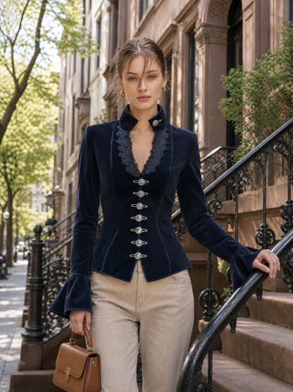 Victorian Navy Corduroy Jacket Women Lace Trim V-Neck Fitted Fall Blazer