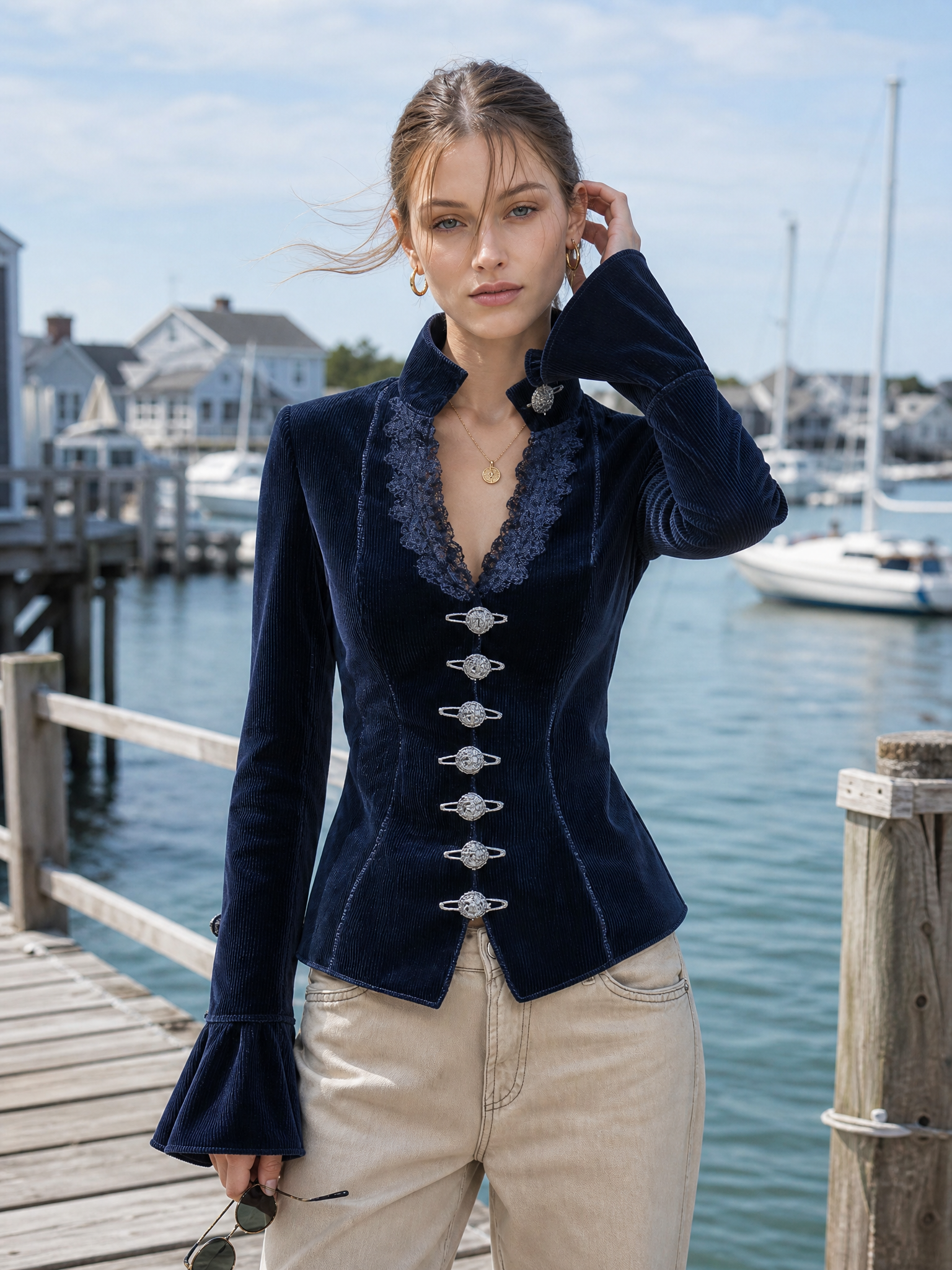 Victorian Navy Corduroy Jacket Women Lace Trim V-Neck Fitted Fall Blazer