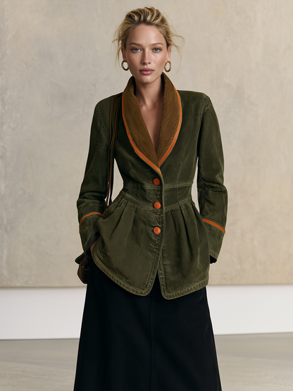 Olive Washed Peplum Utility Jacket With Corduroy Shawl Collar