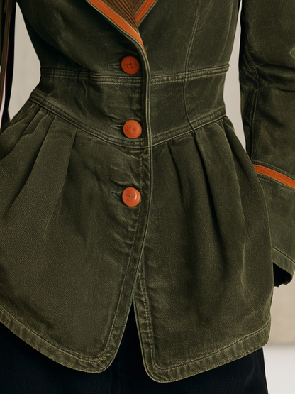 Olive Washed Peplum Utility Jacket With Corduroy Shawl Collar