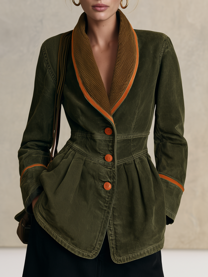 Olive Washed Peplum Utility Jacket With Corduroy Shawl Collar
