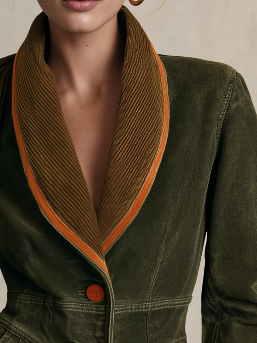 Olive Washed Peplum Utility Jacket With Corduroy Shawl Collar