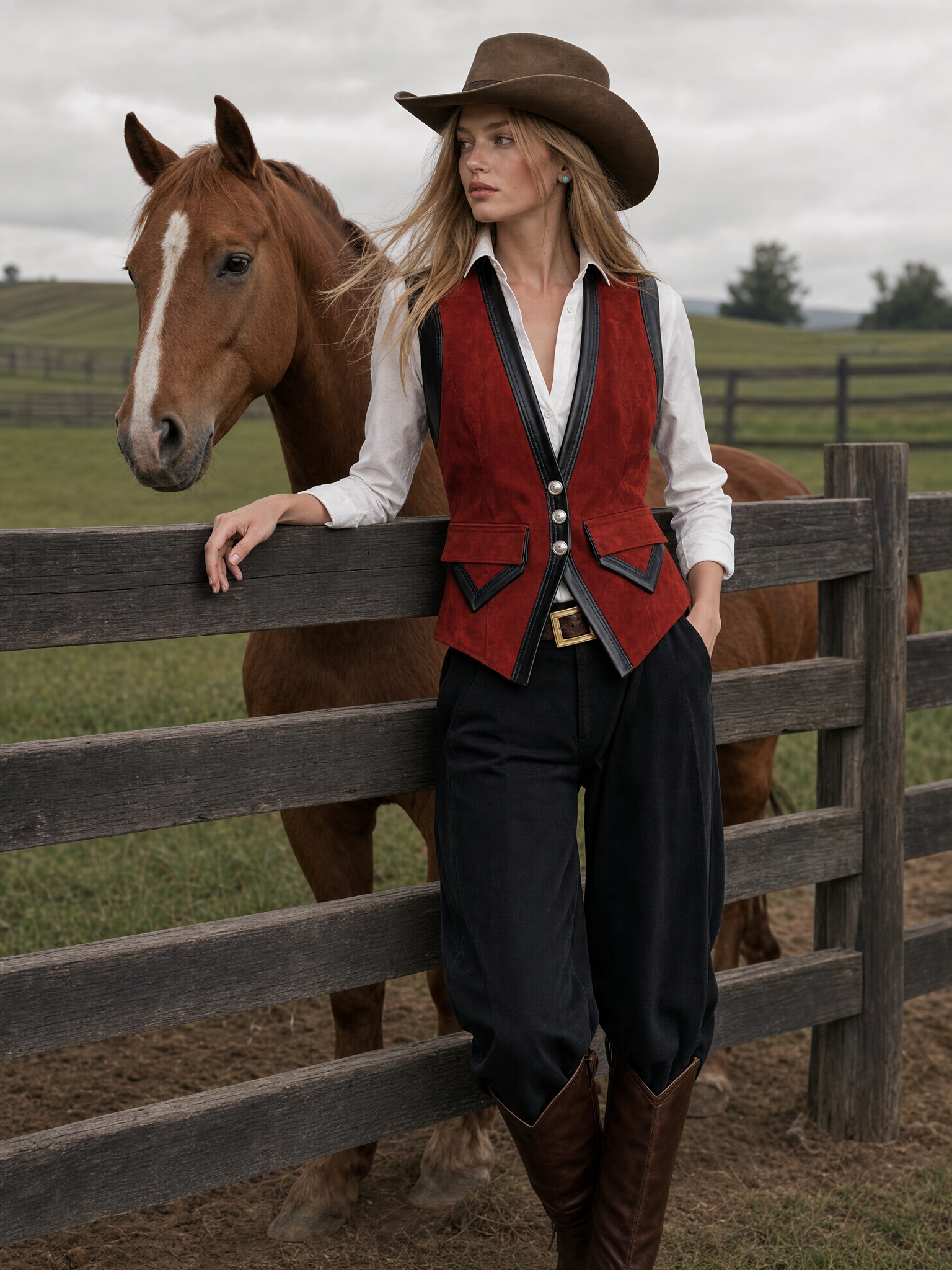 Retro-casual Elegant Red Faux-suede Vest