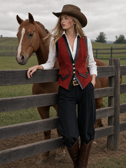 Retro-casual Elegant Red Faux-suede Vest