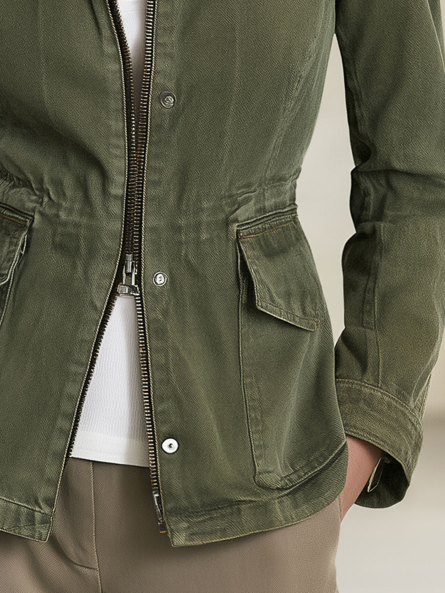 Olive Green Workwear Jacket Lightweight Jacket Fitted Waist Design