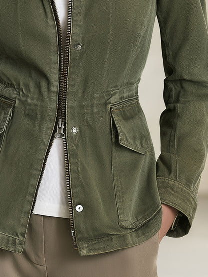 Olive Green Workwear Jacket Lightweight Jacket Fitted Waist Design