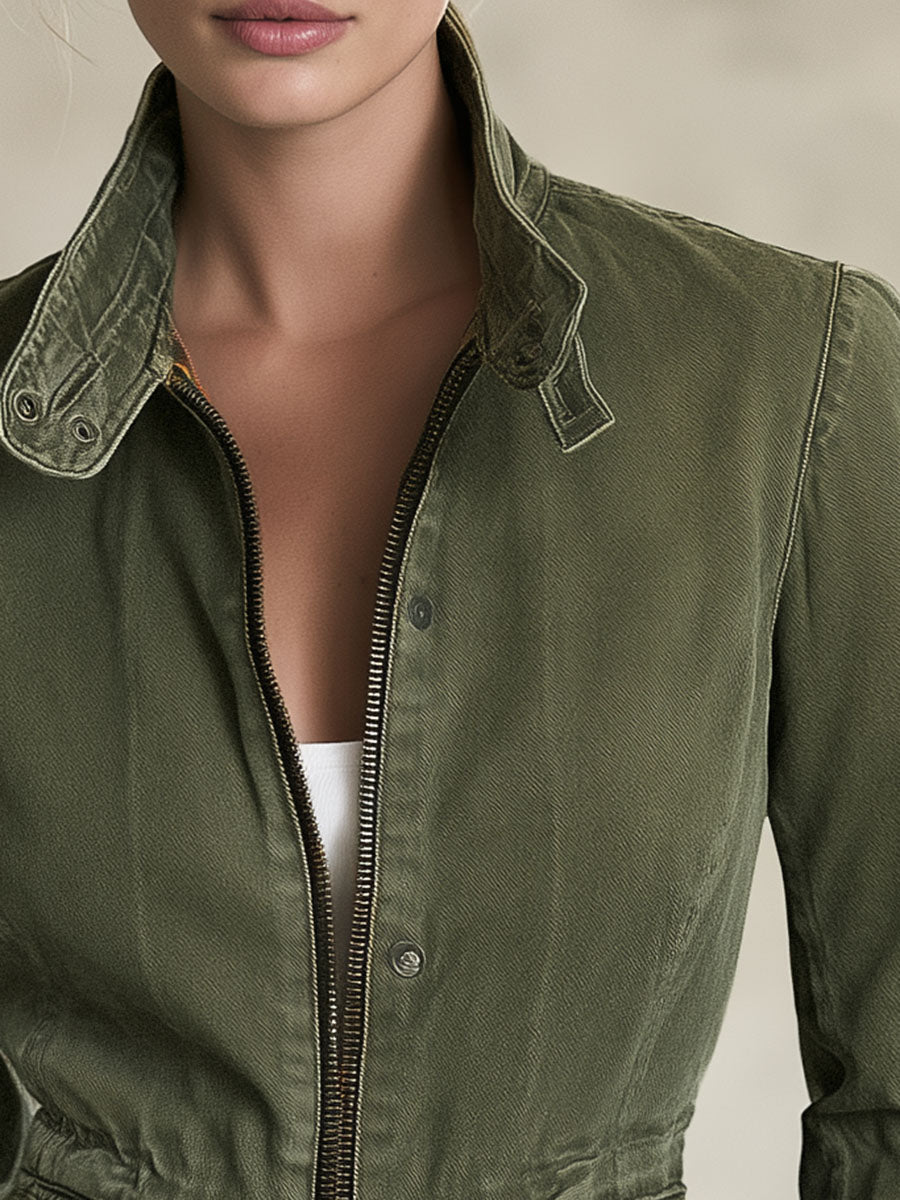 Olive Green Workwear Jacket Lightweight Jacket Fitted Waist Design