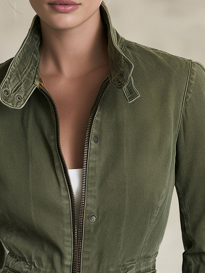 Olive Green Workwear Jacket Lightweight Jacket Fitted Waist Design