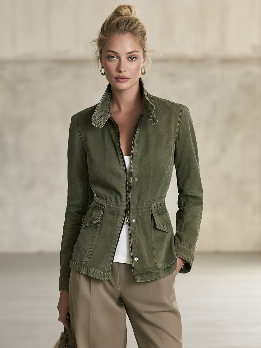Olive Green Workwear Jacket Lightweight Jacket Fitted Waist Design