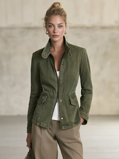 Olive Green Workwear Jacket Lightweight Jacket Fitted Waist Design