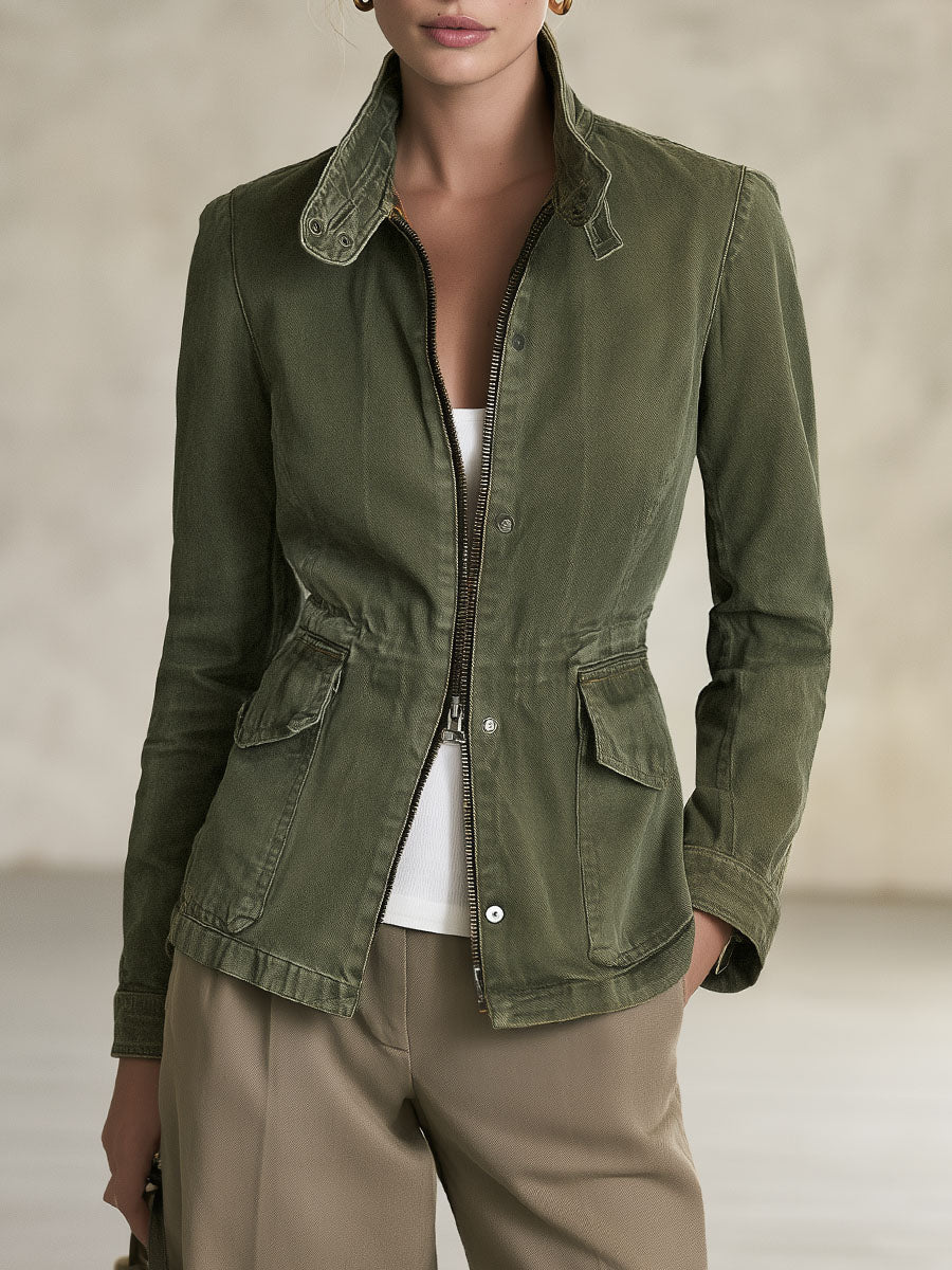 Olive Green Workwear Jacket Lightweight Jacket Fitted Waist Design