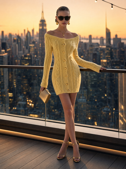 Chic Butter Yellow Boat Neck Cable Knit Button Front Sweater Mini Dress