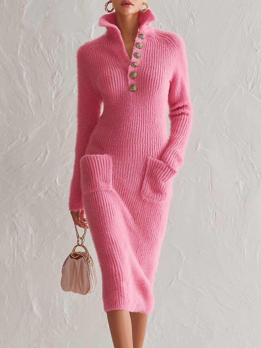 Comfortable Stylish Lapel Collared Button-front Pink Knit Midi Dress