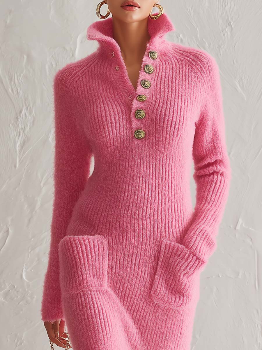 Comfortable Stylish Lapel Collared Button-front Pink Knit Midi Dress