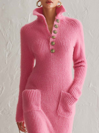 Comfortable Stylish Lapel Collared Button-front Pink Knit Midi Dress